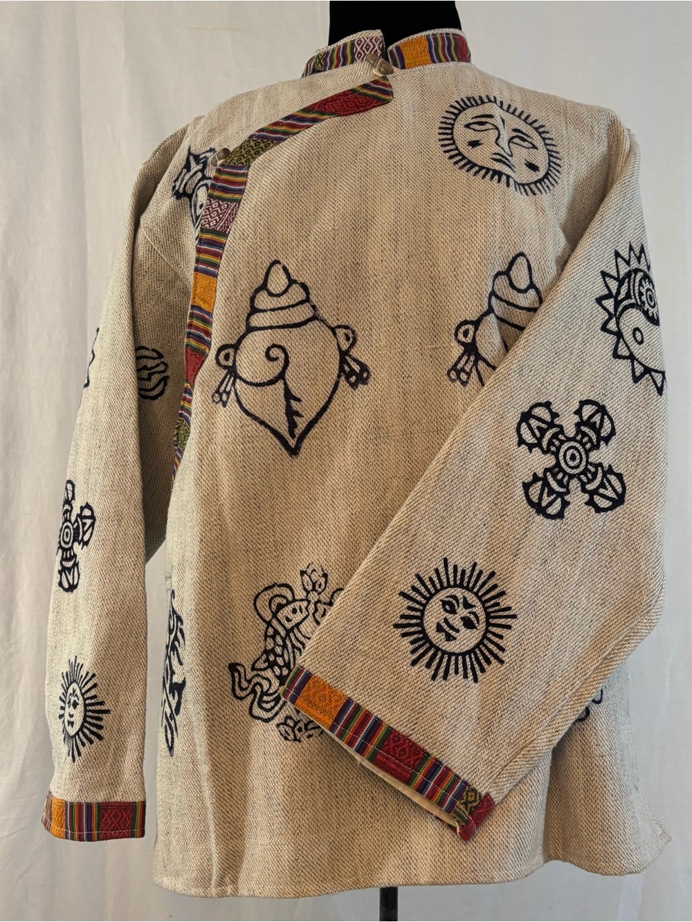 Tibetan Symbol Block Print Jacket Himalayan  Hippie Festival Granola Cotton Med